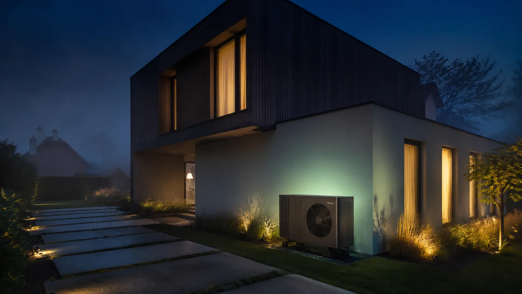 Moderne warmtepomp buitenunit naast een eigentijdse woning in de avondschemering